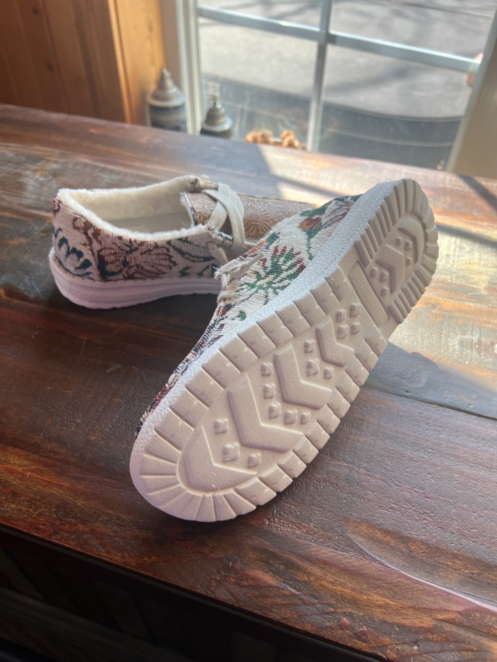Gypsy Jazz Floral Knit Slip-On Flats in Cream, Green, and Brown